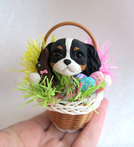 Easter Cavalier King Charles Spaniel in basket Hand Sculpted Collectible