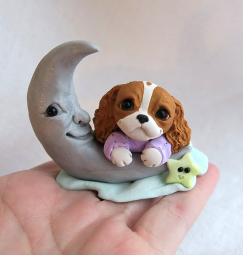 Sleepy Time Cavalier King Charles Spaniel in PJs with Moon Hand Sculpted Collectible