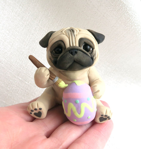Pug Painting an Easter Egg Hand Sculpted Collectible