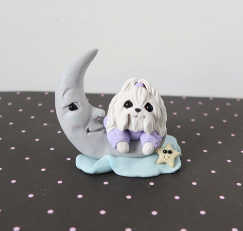 Sleepy Time Maltese in PJs with Moon Hand Sculpted Collectible