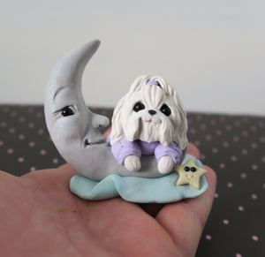 Sleepy Time Maltese in PJs with Moon Hand Sculpted Collectible