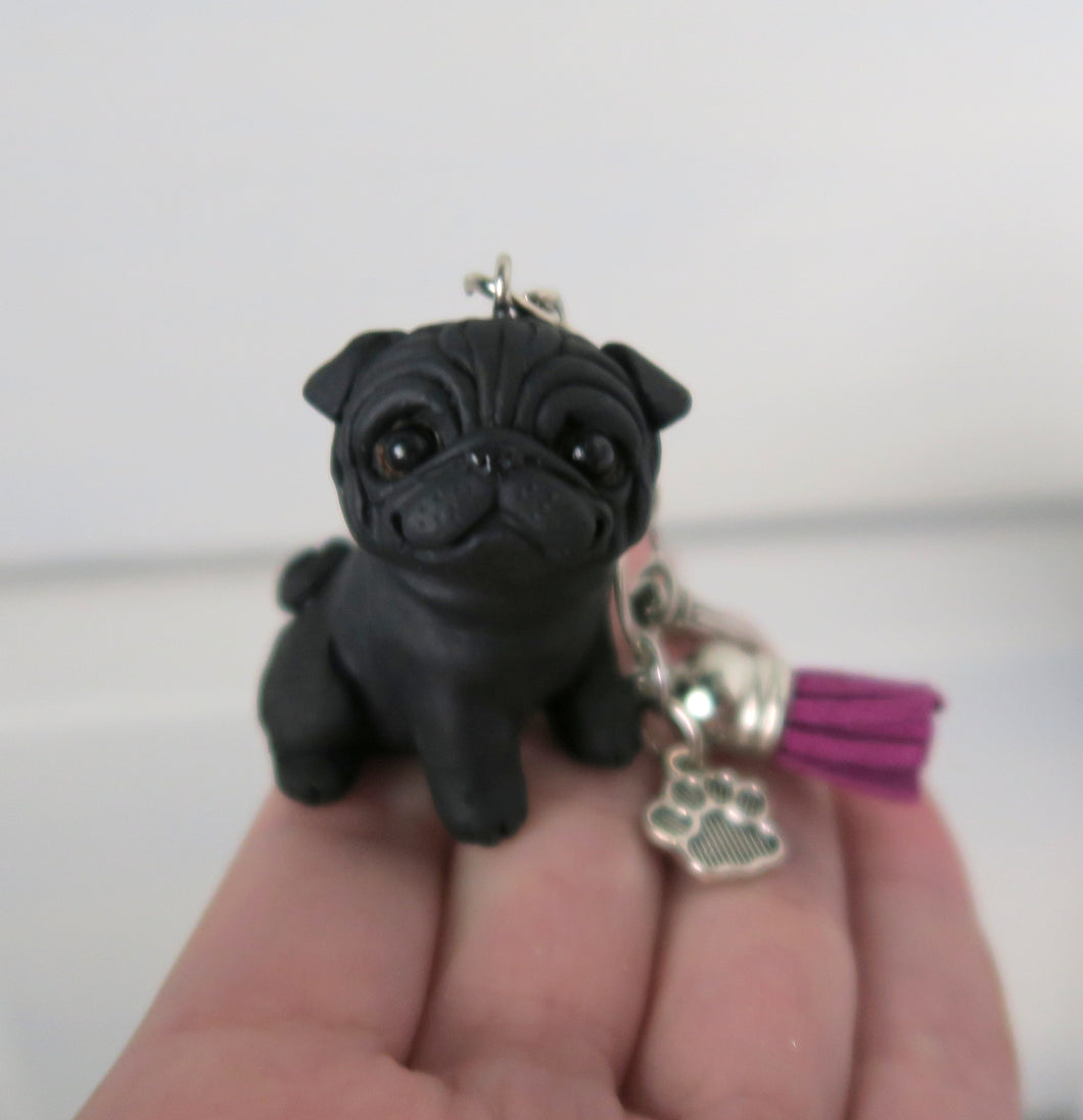 Black Pug Tassel Charm Handmade Resin Collectible Purse, backpack, or key chain charm