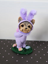 Load image into Gallery viewer, Light Purple Easter bunny suit Yorkshire Terrier with Eggs Hand Sculpted Collectible