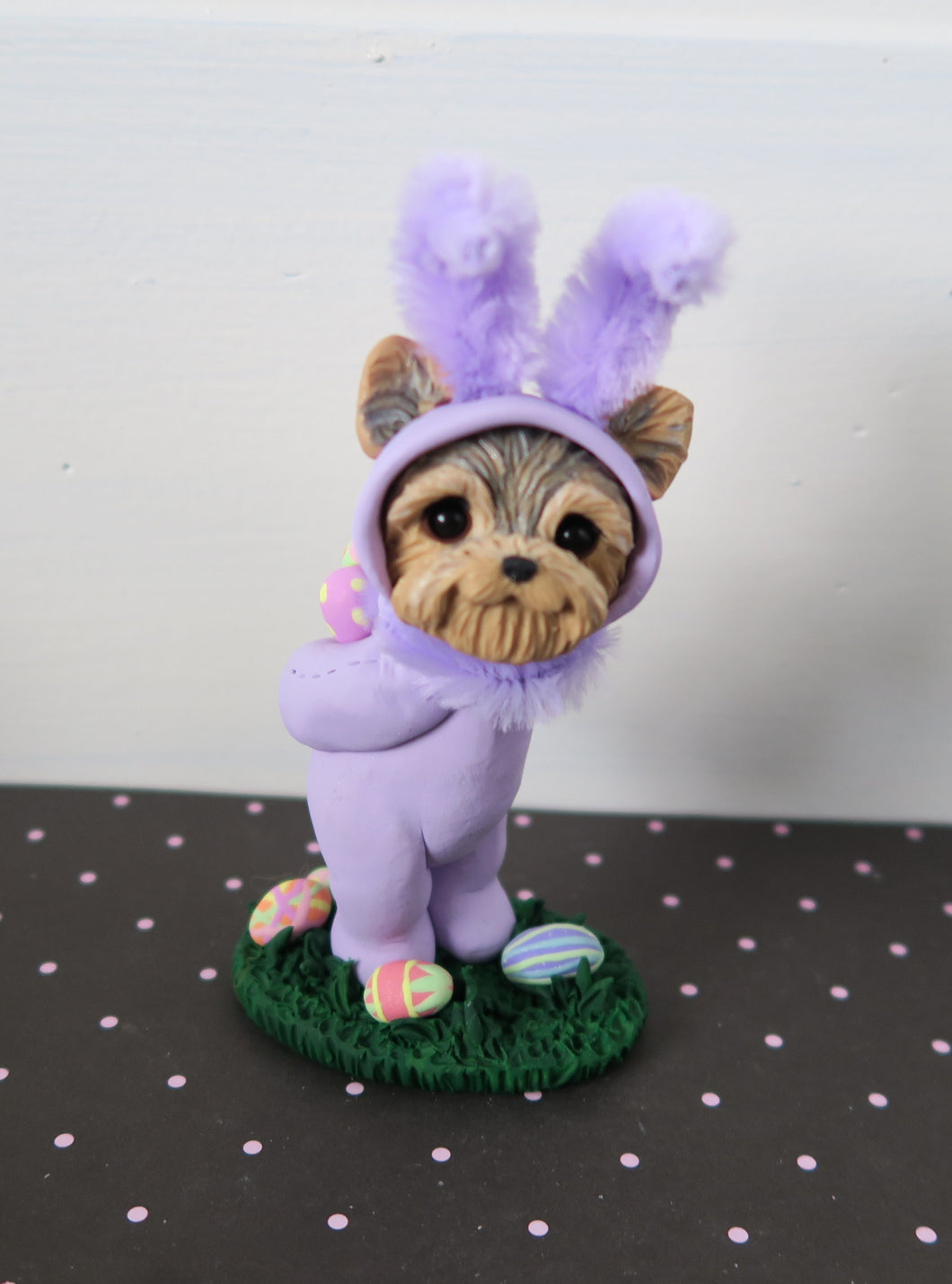 Light Purple Easter bunny suit Yorkshire Terrier with Eggs Hand Sculpted Collectible