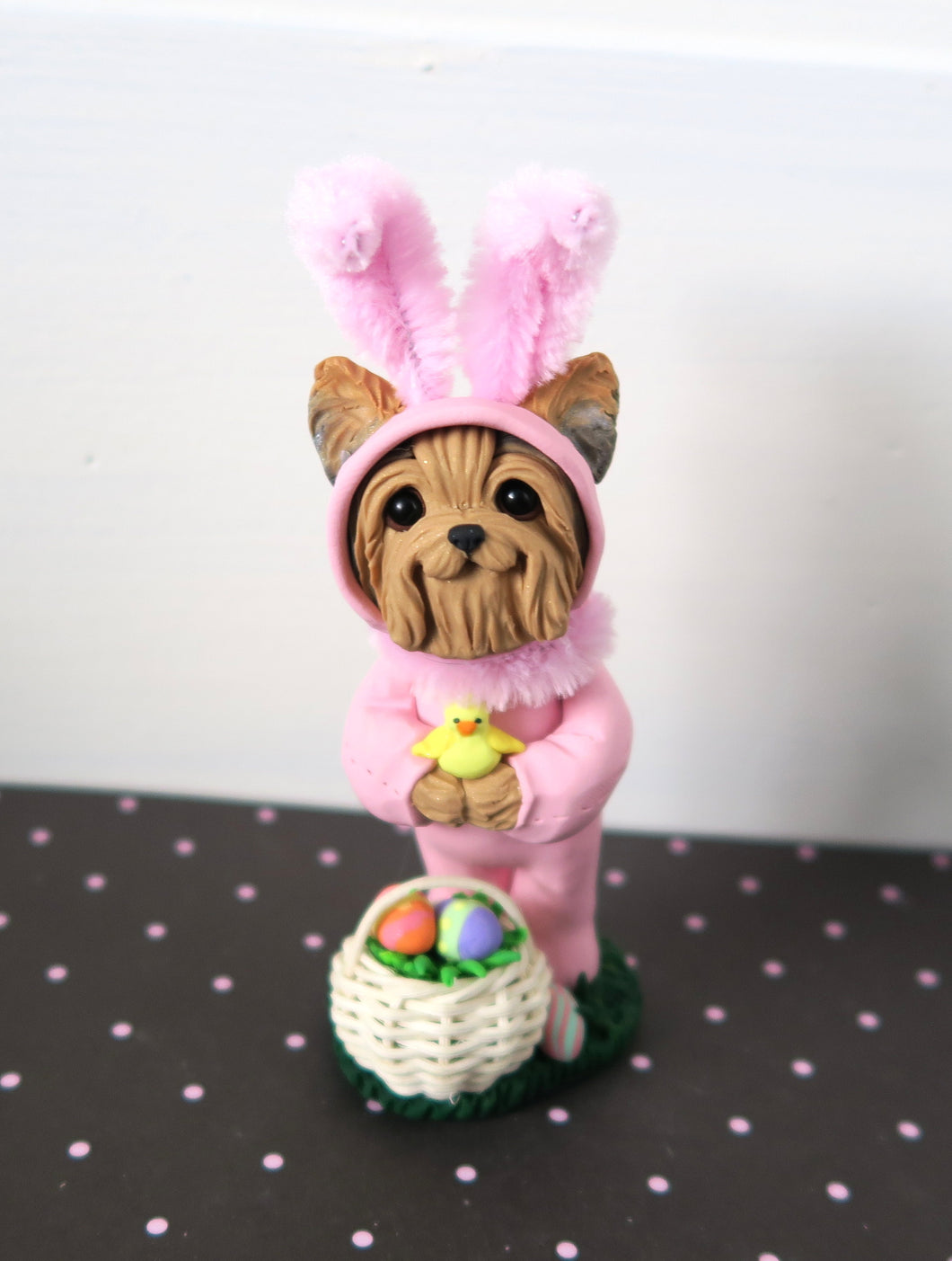 Pink Easter bunny suit Yorkshire Terrier with Eggs Hand Sculpted Collectible