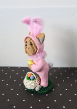 Load image into Gallery viewer, Pink Easter bunny suit Yorkshire Terrier with Eggs Hand Sculpted Collectible