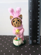 Load image into Gallery viewer, Pink Easter bunny suit Yorkshire Terrier with Eggs Hand Sculpted Collectible