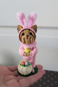 Pink Easter bunny suit Yorkshire Terrier with Eggs Hand Sculpted Collectible