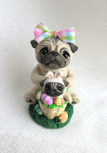 Easter Pug Mom and baby bunny Pug  Hand Sculpted Collectible