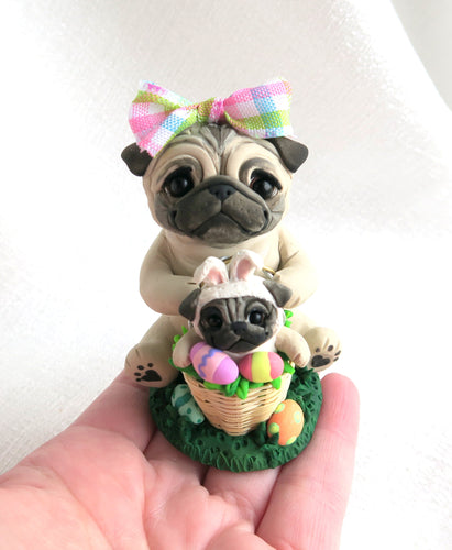 Easter Pug Mom and baby bunny Pug  Hand Sculpted Collectible