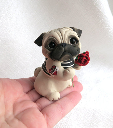 Mother's Day Pug with a Tattoo and Rose Hand Sculpted Collectible
