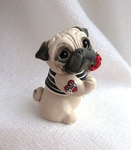 Mother's Day Pug with a Tattoo and Rose Hand Sculpted Collectible