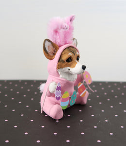 Corgi in Pink Bunny Suit with Easter Egg Garland Hand Sculpted Clay Collectible