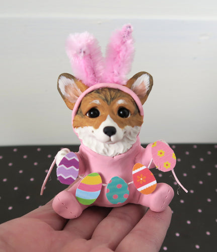 Corgi in Pink Bunny Suit with Easter Egg Garland Hand Sculpted Clay Collectible
