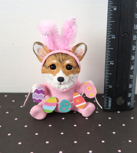 Corgi in Pink Bunny Suit with Easter Egg Garland Hand Sculpted Clay Collectible