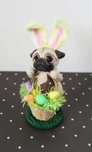 Easter Pug with basket of Goodies Hand Sculpted Collectible