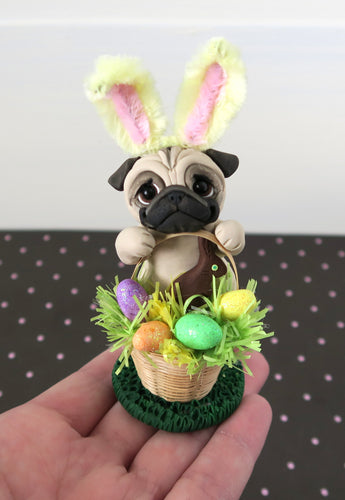 Easter Pug with basket of Goodies Hand Sculpted Collectible