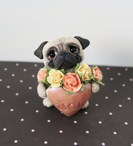 Mother's Day Pug with a Heart full of Roses Hand Sculpted Collectible