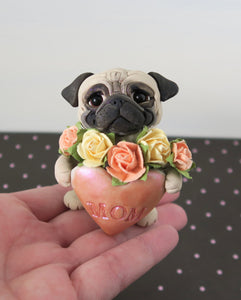 Mother's Day Pug with a Heart full of Roses Hand Sculpted Collectible