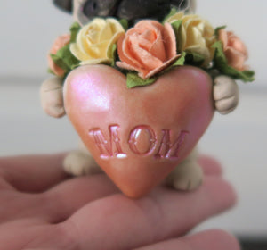 Mother's Day Pug with a Heart full of Roses Hand Sculpted Collectible