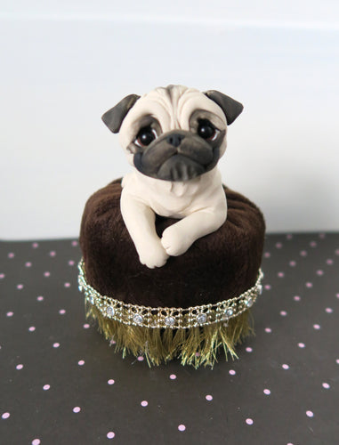 Pug on a Pedestal / Velvet Ottoman Mixed Media Hand Sculpted Collectible