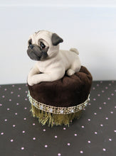 Load image into Gallery viewer, Pug on a Pedestal / Velvet Ottoman Mixed Media Hand Sculpted Collectible