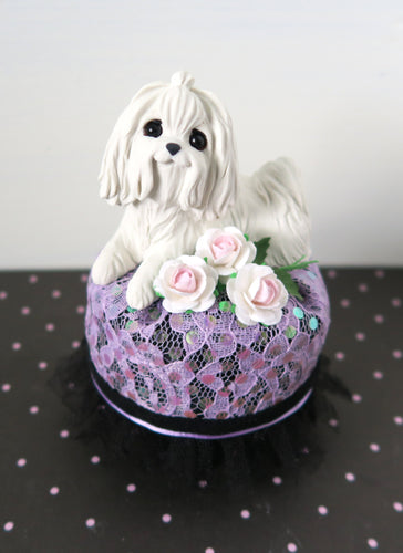 Maltese on a pretty Pedestal / Ottoman with roses Mixed Media Hand Sculpted Collectible