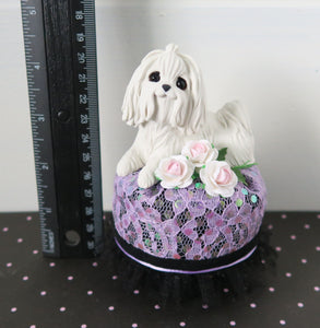 Maltese on a pretty Pedestal / Ottoman with roses Mixed Media Hand Sculpted Collectible