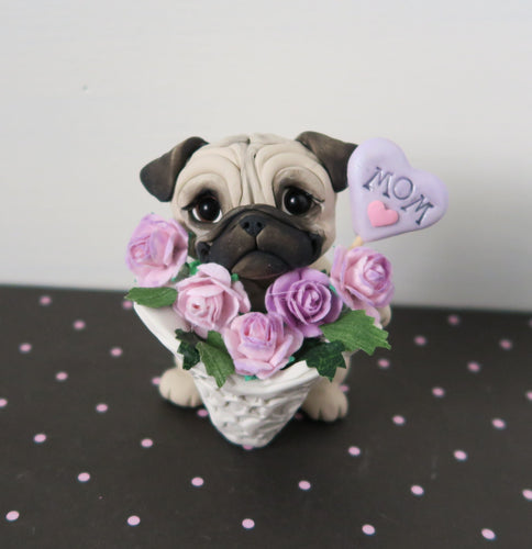 Mother's Day Pug with a lace tussy mussy of Roses Hand Sculpted Collectible