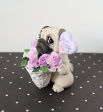 Load image into Gallery viewer, Mother&#39;s Day Pug with a lace tussy mussy of Roses Hand Sculpted Collectible