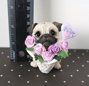 Mother's Day Pug with a lace tussy mussy of Roses Hand Sculpted Collectible