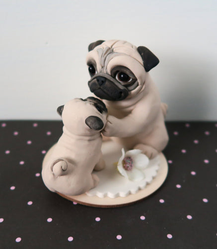 Mother's Day Mama Pug with Puppy Loving stare Hand Sculpted Collectible