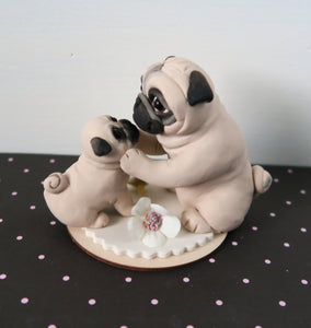 Mother's Day Mama Pug with Puppy Loving stare Hand Sculpted Collectible