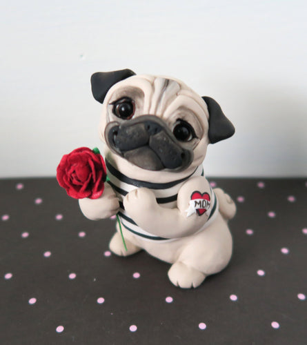Mother's Day Pug with a Tattoo and Rose Hand Sculpted Collectible