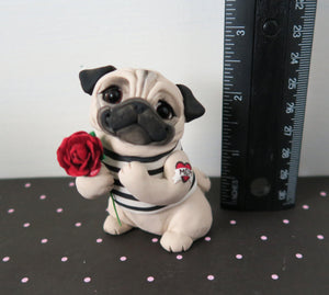 Mother's Day Pug with a Tattoo and Rose Hand Sculpted Collectible