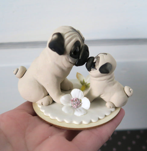 Mother's Day Mama Pug with Puppy Loving kiss Hand Sculpted Collectible