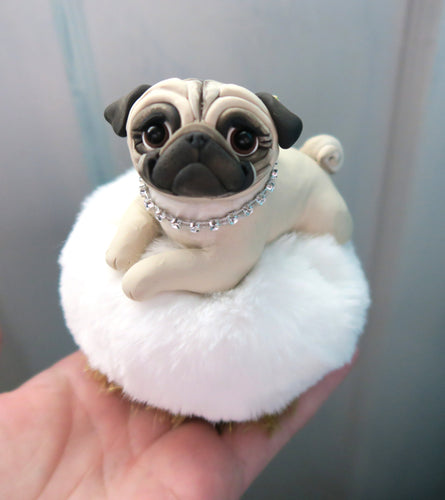 Pug on a Pedestal / Fur Ottoman Mixed Media Hand Sculpted Collectible