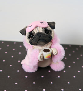 Pug in pink robe and slippers Good Morning Sculpture Hand Sculpted Collectible