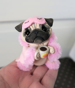 Pug in pink robe and slippers Good Morning Sculpture Hand Sculpted Collectible
