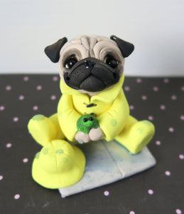 Rainy Day Pug with frog friend Hand Sculpted Collectible