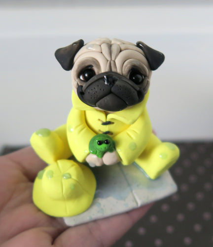 Rainy Day Pug with frog friend Hand Sculpted Collectible
