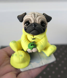 Rainy Day Pug with frog friend Hand Sculpted Collectible