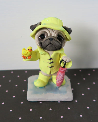 Rainy Day Pug with baby duckling friend Hand Sculpted Collectible