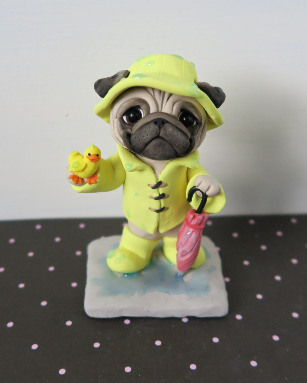 Rainy Day Pug with baby duckling friend Hand Sculpted Collectible