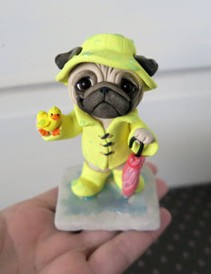 Rainy Day Pug with baby duckling friend Hand Sculpted Collectible