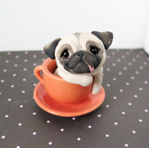 Pug in Coffee cup Sculpture Hand Sculpted Collectible