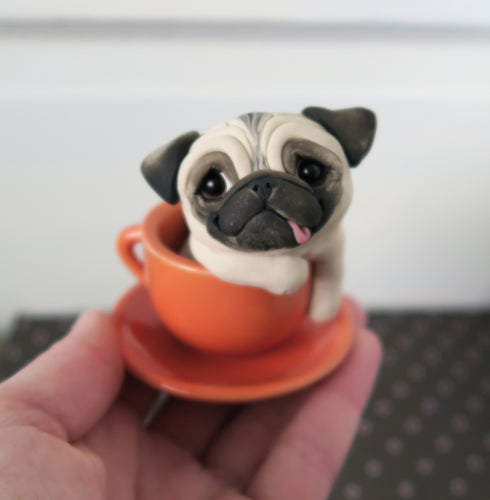 Pug in Coffee cup Sculpture Hand Sculpted Collectible