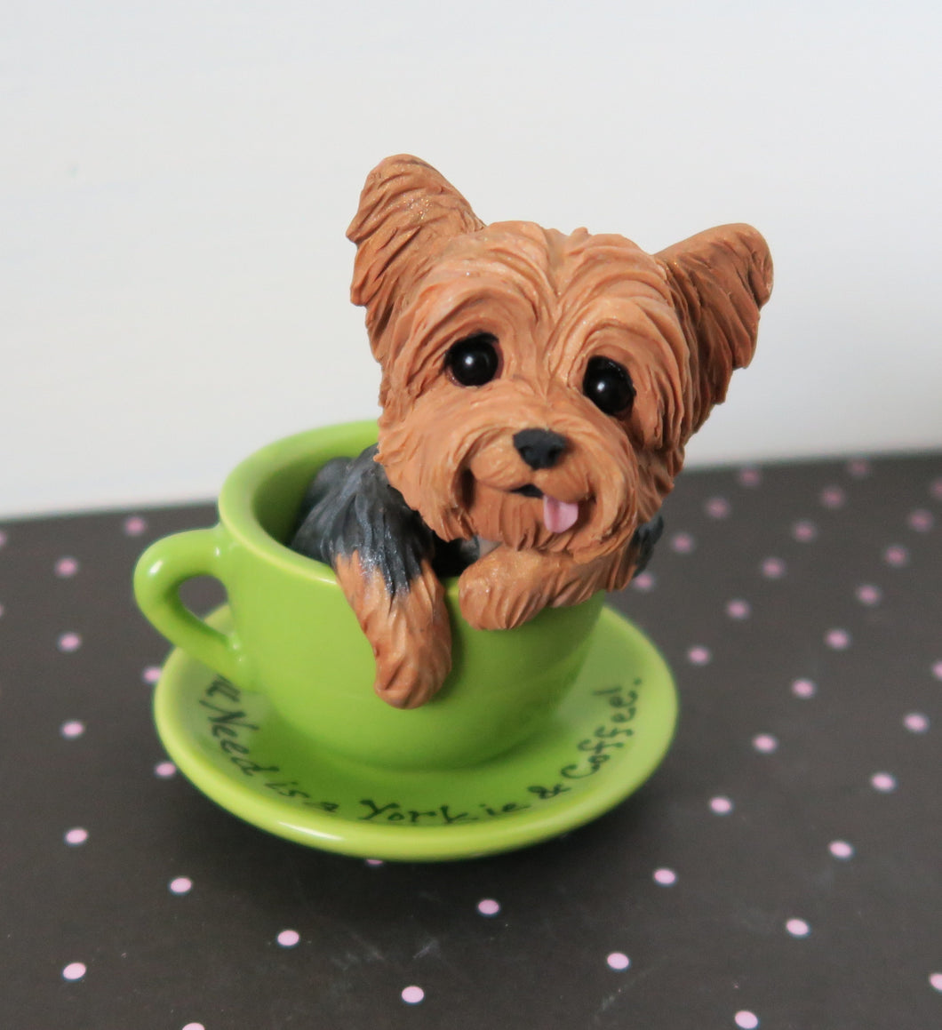 Yorkie in Coffee cup Sculpture Hand Sculpted Collectible