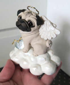 Pug Angel with Wings and Halo "Always in My Heart" Hand sculpted Clay Collectible