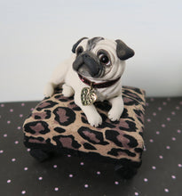 Load image into Gallery viewer, Pug on a Leopard print Pedestal bed Mixed Media Hand Sculpted Collectible